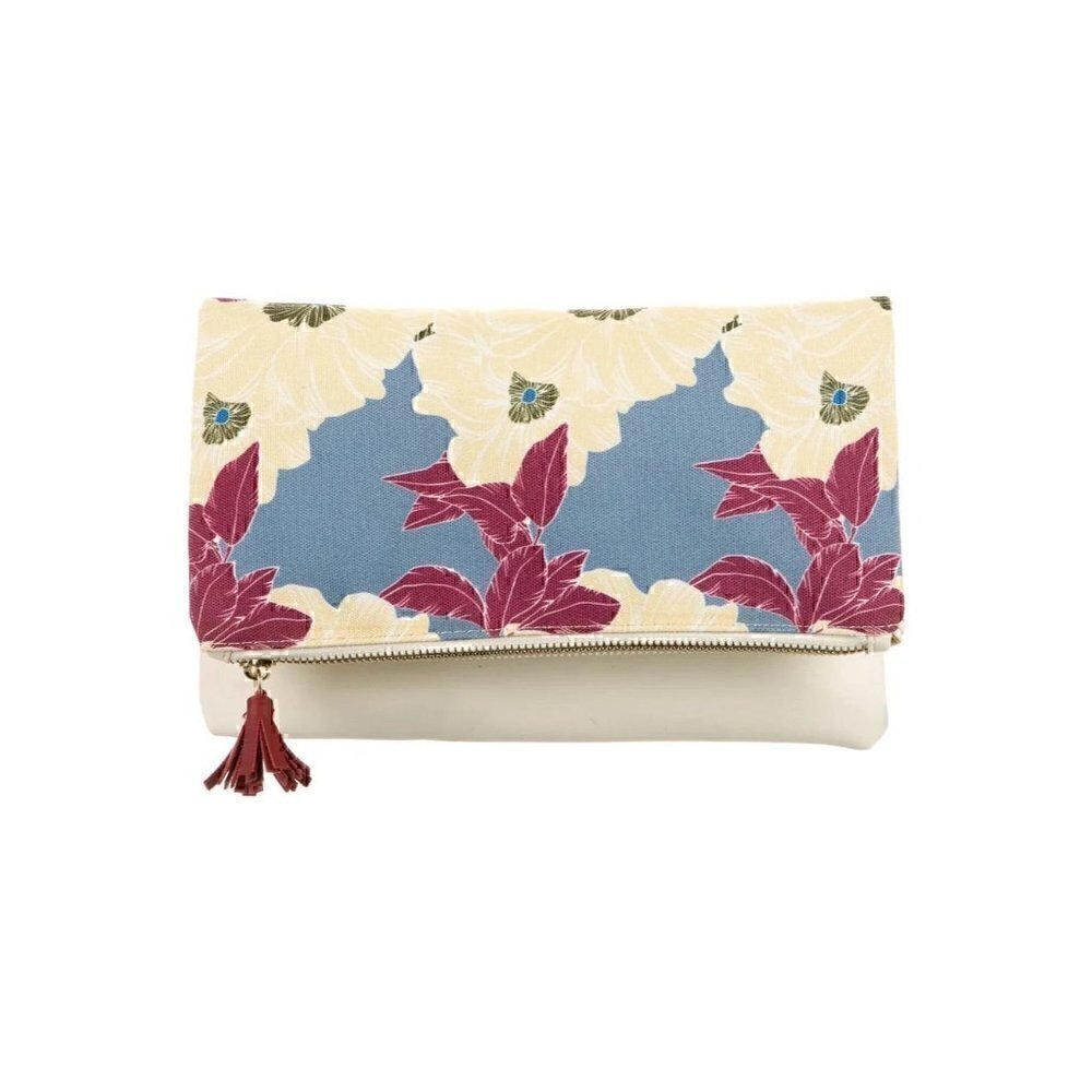 Rachel Pally Leather Trimmed Fold Over Clutch - Cream Multicolor Floral Print